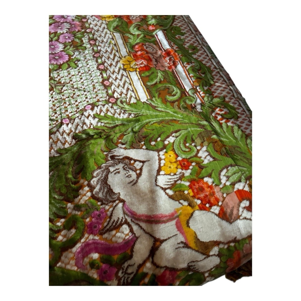 Vintage Italian Velvet Cherub Tapestry Bedspread 83x67